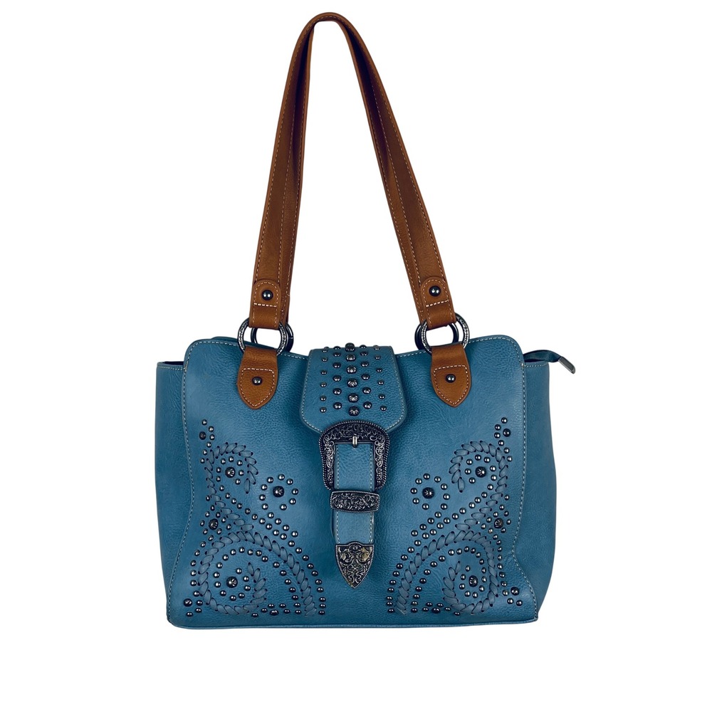 American Bling Western Studded Whipstitch Buckle Shoulder Bag Blue Tan Women's